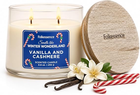 Folkulture Christmas Candles- 8.8 Oz |Vanilla, Cashmere Scented Winter Candles for Home, Women, Gifts for Her |Soy, Non Toxic, Holiday Candle with 30