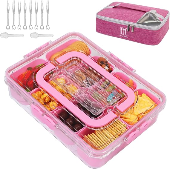 Snack Box Container, 8 Compartments, with Insulated Cooling Bag,Pink