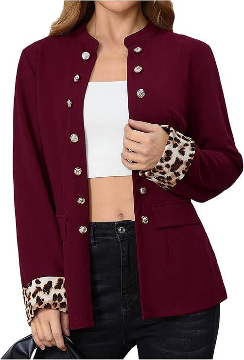 SweatyRocks Women's Double Breasted Open Front Blazer Leopard Long Sleeve Business Work Jacket