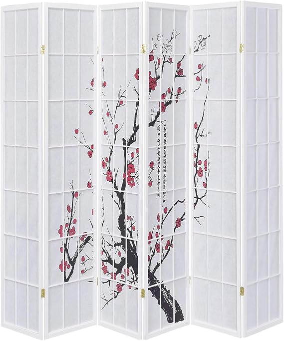 Legacy Decor 6-Panel Blossom Screen Japanese Room Divider, White, 104in W