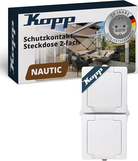 Kopp NAUTIC 2-fach Schutzkontakt-Steckdose mit Klappdeckel in Arktis-Weiß - Sichere Aufputz-Steckdose mit erhöhtem Berührungsschutz - Senkrechter IP44 Feuchtraumsteckdosen-Aufputz 16A / 250V~