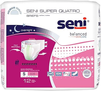 Seni Super Quatro Unisex Adult Incontinence Briefs with Tabs, Size Small 22-31, 24 Count 2 Packs of 12, Severe Absorbency, Disposable Overnight Briefs for Men & Women