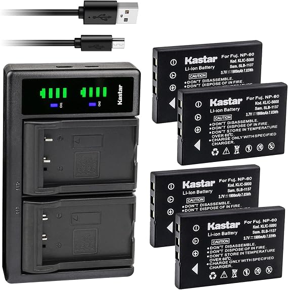 Kastar 4-Pack Battery and LTD2 USB Charger Replacement for Ricoh DB-40 DB-43 BJ-2, Samsung SLB-1037 SLB-1137 SBC-47, Sony COMA-BP1, Yaesu FNB-82LI, Logitech LAN-WSPHPW, EPSO PALB1