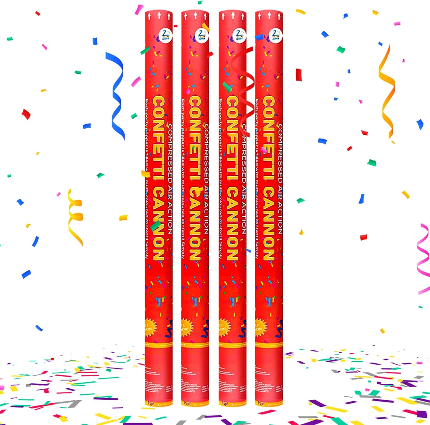 Zopper Confetti Cannon Party Popper 80cm Pack of 4 Compressed Air Party Popper Shooter with Biodegradable Confetti for Weddings, Birthdays & Celebrations