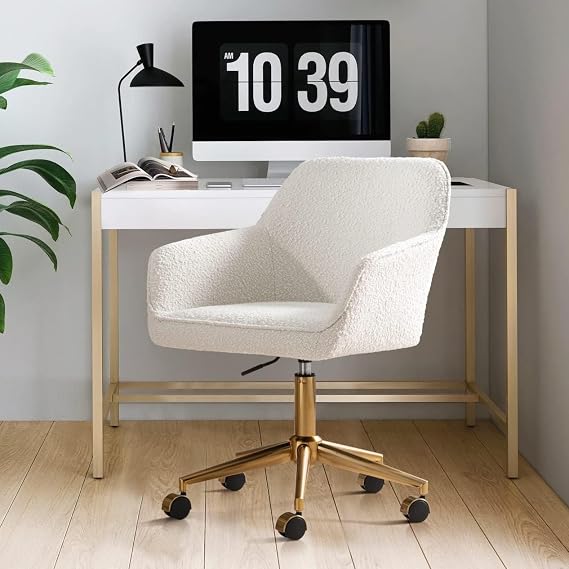 Zesthouse Modern Desk Chair with Wheels, White Swivel Vanity Chair for Girl | Upholstered Home Office Desk Chair with Gold Base, Boucle Fabric Armchair for Bedroom, Height Adjustable Computer Task Chair