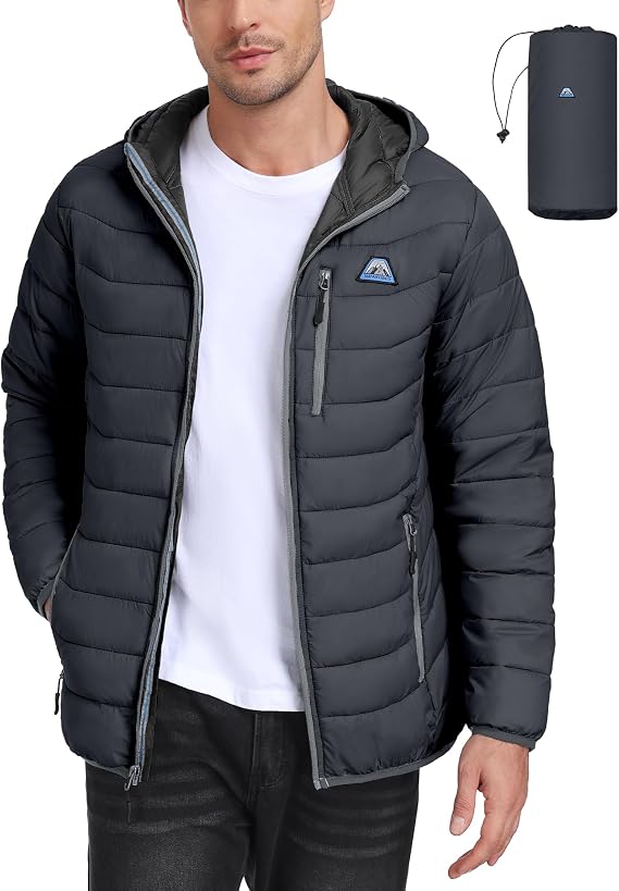 Mapamyumco Men's Lightweight Packable Hooded Puffer Jacket Puffy Waterproof Windproof Winter Coat for Snow Ski Hiking Travel