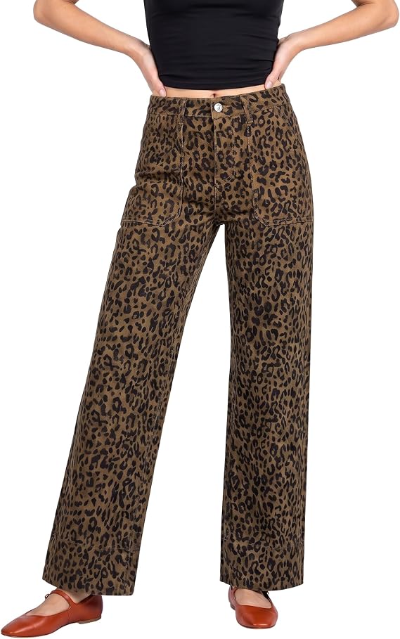 luvamia Wide Leg Leopard Pants High Waisted Cheetah Print Jeans for Women