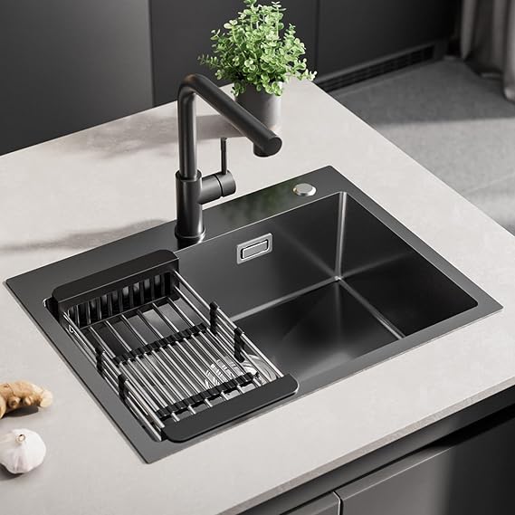 Sink 60 x 45 cm black kitchen sink anthracite stainless steel modern built-in sink rectangular stainless steel sink for base cabinets from 60 cm sink kitchen sink with tap hole Modern stainless steel sink for base cabinet from 60 cm anthracite sink kitchen sink with tap hole