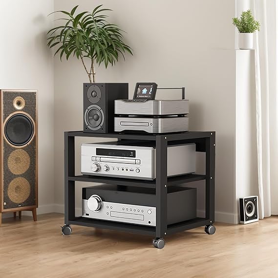 3 Tier Audio Rack AV Media Player Stand Stereo Cabinet | Floor-Standing CD DVD Record Player Stand, Movable Component Storage Shelf with Wheels for Home Theater, Black