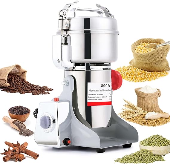 BI-DTOOL Electric Grain Mill Grinder 800g Stainless Steel Pulverizer 36000r/min High-speed Grain Mill 1800W Dry Material Grinding Machine 270 swingable Superfine powder for Home and Commercial