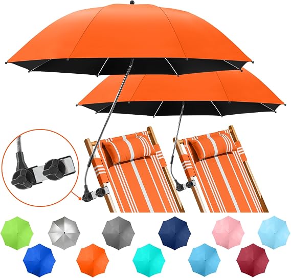 2 PACK Beach Umbrella with Clamp, 360 ° Adjustable Umbrellas for Chair, UPF50+ Umbrella for Beach Chair, Patio Chair, Wheelchair, Camping Chair, Golf Carts (Chair Not Included)