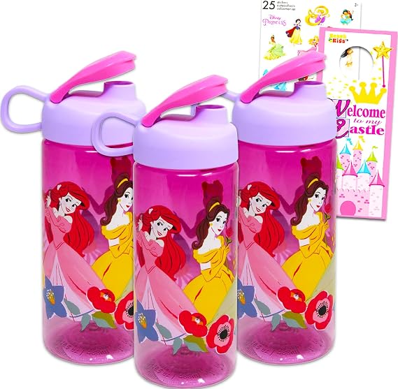 Disney Princess Water Bottle Party Favor Set Bundle with 3 Sports Drinking Bottles, Stickers, More | Disney Princess Cup Party Supplies for Kids