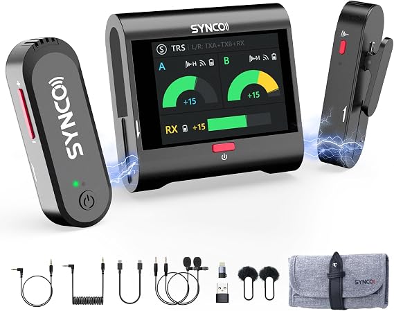 SYNCO Wireless Microphone with Touch Screen, G3 PRO 2.4G Dual Lavalier Mic 820FT 10H Battery Charging for DSLR Smartphone Laptop with Noise Reduction, Camera-Lapel-Microphones-for-Podcast