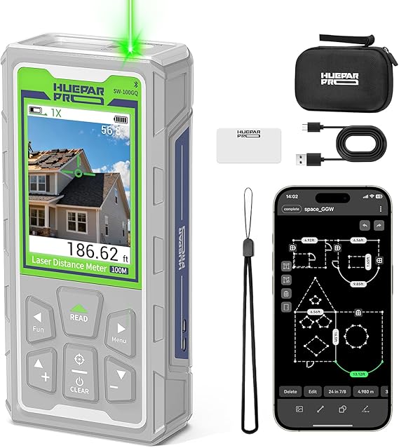 Huepar Pro Laser Measuring Tool, 330Ft Outdoor Laser Measure with Camera & Bluetooth Connected, Laser Distance Meter with P2P Technology, Free APP, IP68, Micro USB Cable,Hand Strap&Pouch -SW-100GQ