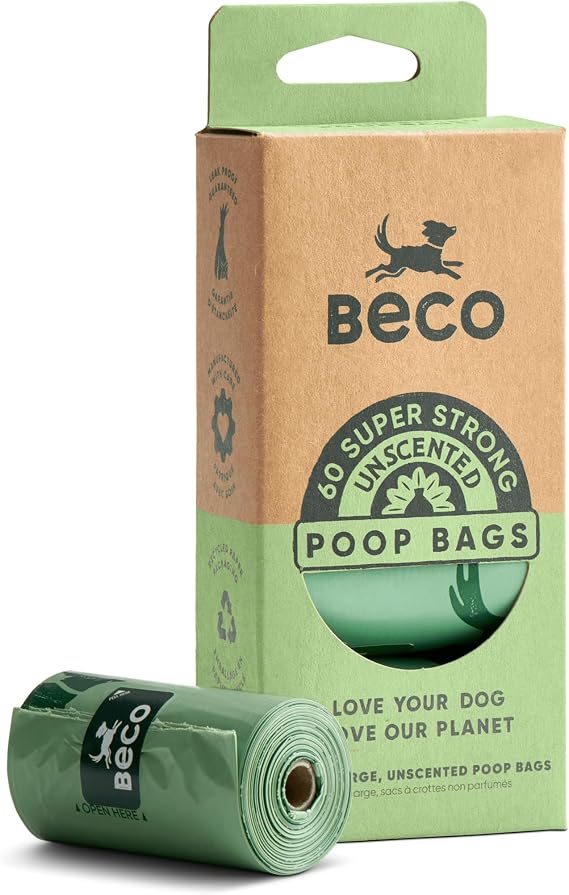 Beco Strong & Large Poop Bags - 60 Bags, 4 Rolls of 15 - Unscented - Dispenser Compatible Dog Poo Bags