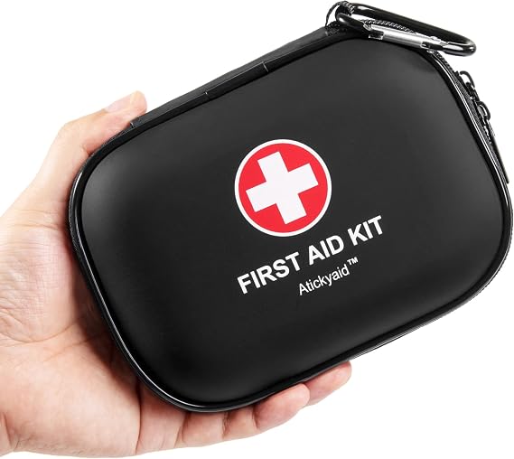 Mini First Aid Kit - 120 Piece Small Waterproof Hard Shell Medical Kit | Emergency First Aid Supplies and Survival Kit For Car, Home, Office, Travel, Camping, Sports, Outdoor, School (Black)