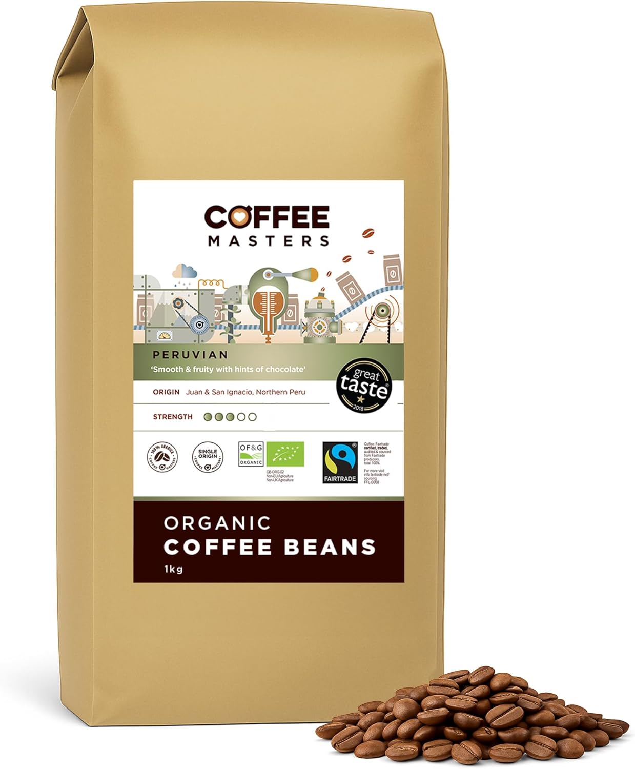 Coffee Masters Peruvian, Organic, Fairtrade, Coffee Beans - Great Taste Award Winner 2018 1 Pack x 1 Kg
