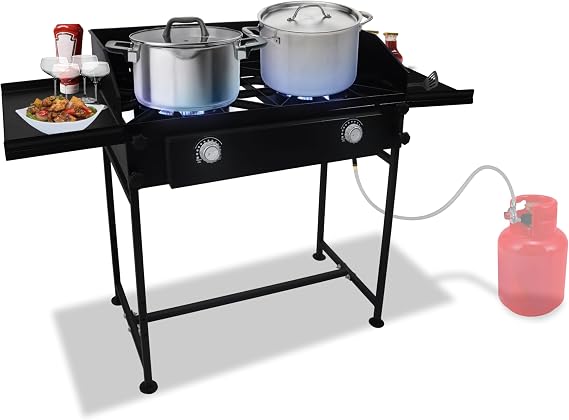 2 Burner Gas Stove - 1,50,000 High btu Double Propane Burners for Outdoor Cooking W/Dual Side Shelf & Wind Panel - Steel Dual Burner Propane Stove - W/CSA-Approved 0-20 PSI Regulator for Home Brewing