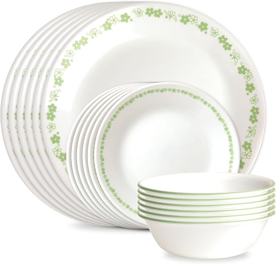Corelle Vitrelle 18 Piece Glass Dinnerware Sets, Service for 6, Triple Layer Chip & Crack Resistant Glass Plate and Bowl Sets, Spring Blossom Green