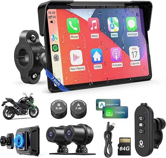 WonVon Motorcycle CarPlay Screen with Android Auto 7 Waterproof GPS, Pantalla para Moto, Apple CarPlay, Navigation System for Motorcycle, Dual 2K Dash Cam Bluetooth Audio,64GB&TPMS with Magnetic