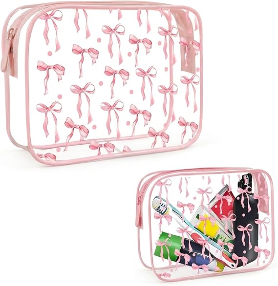 Travel Wash Bag, Clear Makeup Bags with Bow Design, Transparent Travel Toiletry Bag, Clear Make Up Bag Ideal for Daily Storage and Gift Giving