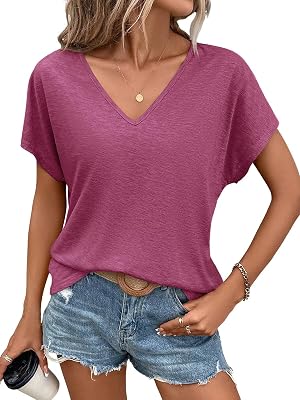 Womens V Neck Short Sleeve T Shirts Summer Casual Basic Loose Fit Tees Top 2025