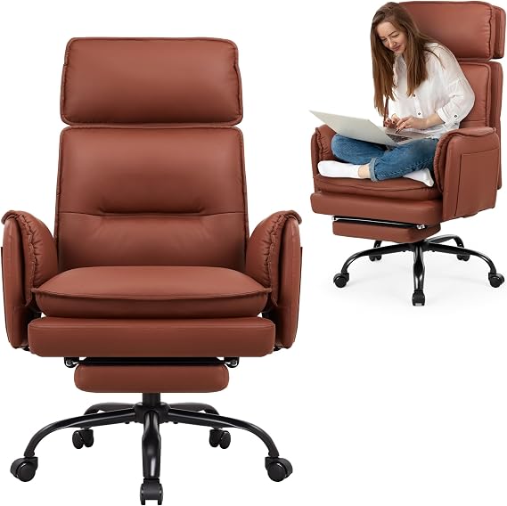 IWMH Big and Tall Office Chair 500lbs Heavy Duty Desk Chair Wide Seat Chair | Ergonomic Computer Chair Executive PU Leather Reclining Managerial Chair Adjustable Headrest Footrest Lumbar Support Brown