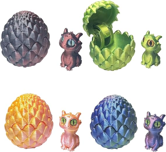 3D Printed Dragon Egg with Dragon Inside - 4Pcs Mini 3D Printed Animals Set, Creative Desk Decor for Home Office, Unique Collectible Gift for Adults & Kids, Stress Relief Fidget Toy 
