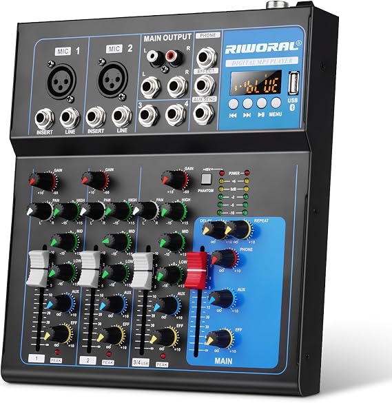 4 Channel Audio Interface USB Audio Mixer Sound Board Mixing Console Built In Bluetooth MP3 Computer Input +48V Phantom Power Mixer Audio For Karaoke Dj Stage Streaming Studio