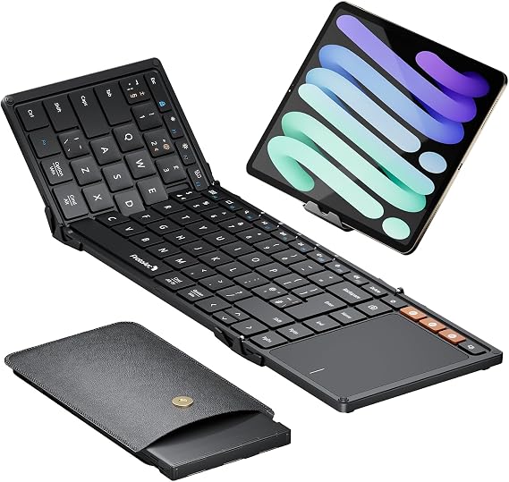 ProtoArc XK01 TP Foldable Bluetooth Keyboard with Large Trackpad, QWERTY UK | Full Size Keys, 3 Bluetooth 5.1 Channels, for Android, Windows, iPadOS, macOS, Includes Phone Stand and PU Bag, Black