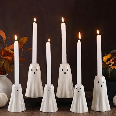 Mumufy 6 Pcs Halloween Ghost Candlestick Holder Ceramic Ghost Shape Candle Stick Holder Halloween Taper Candleholder Decorative Centerpiece for Table Wedding Holiday Office Home Decor Gift, Mixed Size