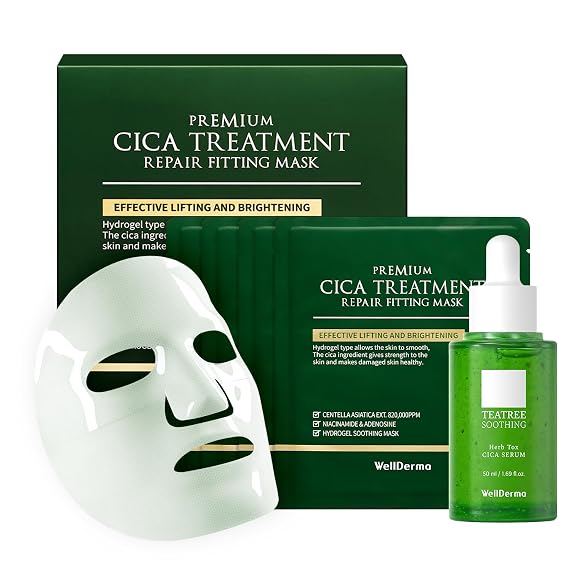 WELLDERMA Cica Soothing & Hydration Set Hydrogel Fitting Mask + Tea Tree Herb Tox Serum for Calming & Moisturizing Skin