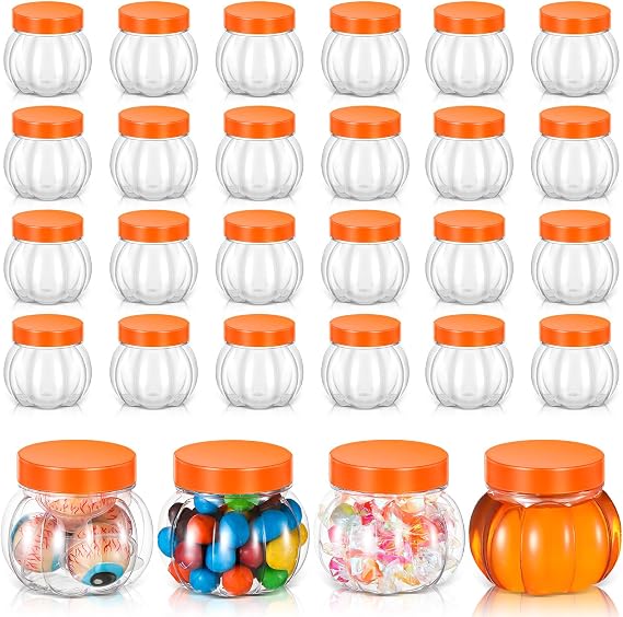 Hsei 30 Pcs 5 Oz/ 150 ml Plastic Pumpkin Candy Jars Halloween Large Candy Bowl Fall Thanksgiving Jar with Lids Plastic Pumpkin Containers for Halloween Party Decoration (Orange)