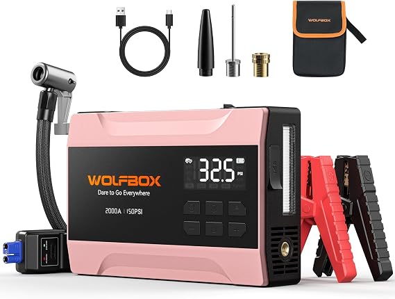 WOLFBOX 2000A Jump Starter with Air Compressor, 12V Jump Box, Rose Gold