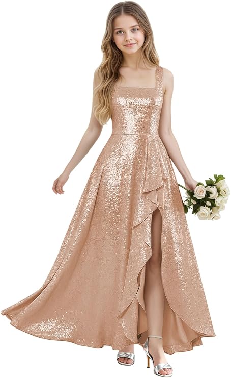 Girls Bridesmaid Dresses Size 10-12 Sparkly Sequin Prom Dress for Teens A Line Champagne Square Neck Junior Flower Girl Dress with Ruffle Slit