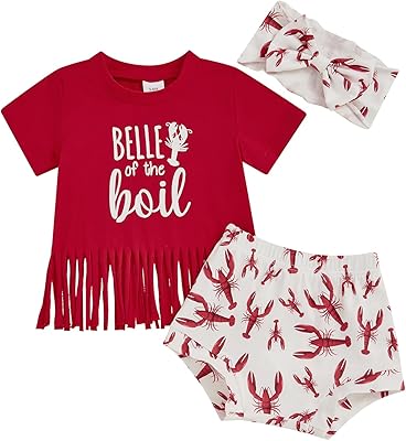 KMBANGI Baby Girl Crawfish Outfits Toddler Crawfish Boil Tassels T Shirt Lobster Bloomer Shorts Baby Smocked Summer Clothes