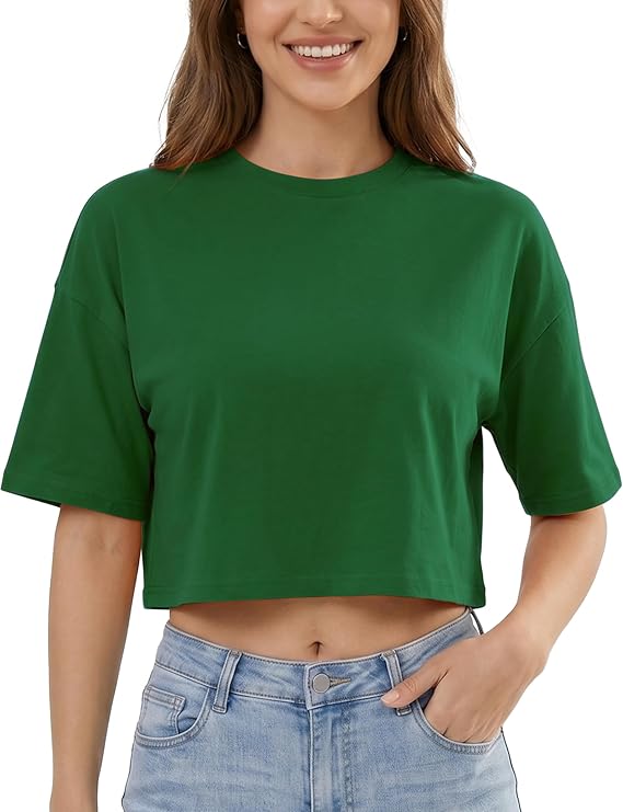 Women's Basic Crop Top Drop Shoulder T Shirt Half Sleeve Cropped Tee Crewneck Short Sleeve Casual Summer Solid Crop Tops