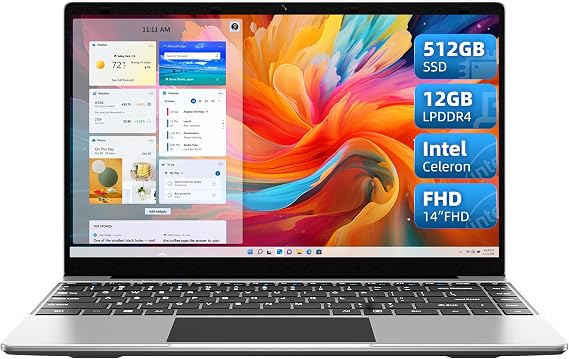 jumper Laptop, 12GB LPDDR4 RAM, 512GB SSD ROM, 14 Inch 1080p FHD IPS Screen, Windows 11 Laptops Computer with Celeron 4-Core Processor, UHD Graphics 600, 2 Stereo Speaker, Lightweight, Portable.