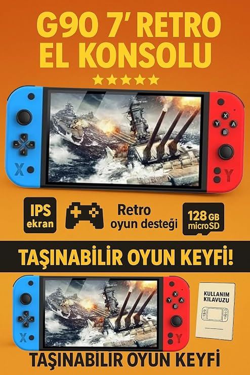 G90 Retro El Konsolu, 7 İnç IPS Ekran, 128GB microSD Kart, PS1/NES/Arcade Destekli