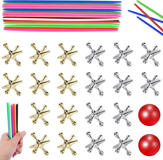 2 Set Jacks Game - 20 Pcs Jacks, 60Pcs Pick Up Sticks & 2 Red Balls | 20 Gold and Silver Metal Jacks, 60 Pick Up Sticks & 2 Red Rubber Balls, Retro Classic Fun Game Old School Toy Gift for Family