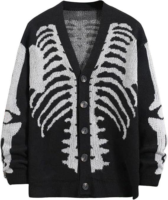 Yimoon Men's Skeleton Print Cardigan Sweaters Casual V Neck Button Down Open Front Sweater Coats