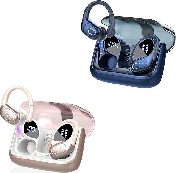 Aptkdoe 2 Sets Wireless Earbuds Sport, Bluetooth 5.4 Over Ear Buds Stereo Deep Bass Over Ear Bud with Earhooks, 75H Wireless Earphones with Mic, IPX7 Waterproof Earphone for Sports Blue+Rose Gold
