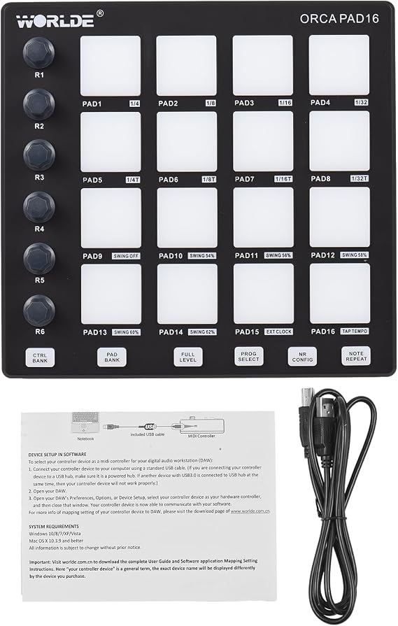 HUIOP MIDI Controller, Beat Maker Machine with 6 Assignable Knobs, Note Repeat, Full Level Buttons, Backlit Drum Pads, USB Powered, Includes USB Cable and User Manual