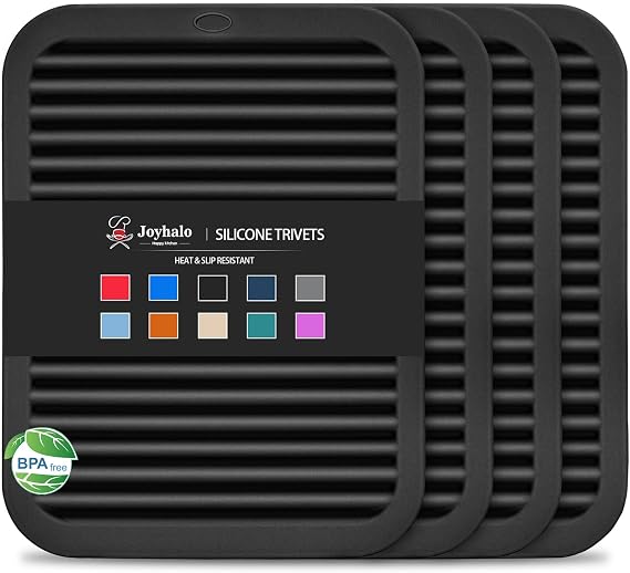 Joyhalo 4 Pack Silicone Trivets for Hot Pots and Pans,480F Heat Resistant Trivets for Hot Dishes,Hot Pads for Countertop,Kitchen Potholders,Black