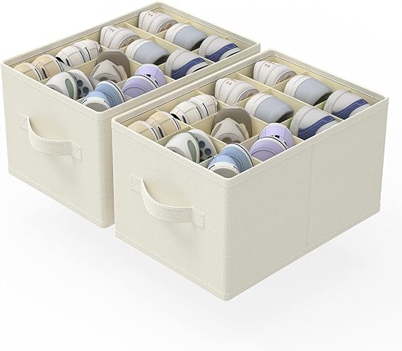 2 Pack Cube Shoe Organizer, Fits Up to 24 Pairs, Foldable Space-saving Storage Container Bins, Closet Organizers System with Reinforced Handles, 16.5 x 12.6 x 10.2 In, Beige, XSNX02BE-2