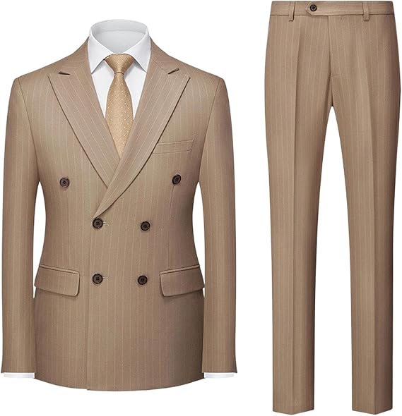 Mens Pinstripe 3 Piece Suit Slim Fit Elegant Double Breasted Business Blazer Vest Pants Set for Wedding Prom