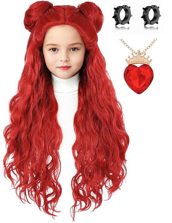 Kids Costume Wig with Buns and Red Necklace Earrings Long Wavy Hair Wigs for Girls Halloween Cosplay