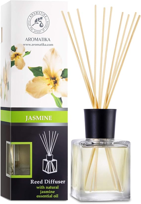 Jasmine Reed Diffuser w/Natural Essential Jasmine Oil 6.8 Fl Oz - Fresh & Long Lasting Fragrance - Scented Reed Diffuser - Gift Set w/Bamboo Sticks - Best for Aromatherapy - SPA - Home