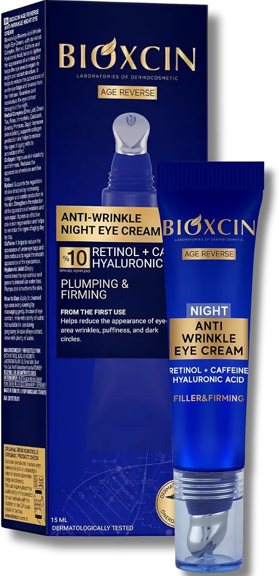 Bioxcin Age Reverse Gece Göz Kremi 15 ml – Retinol, Kolajen, Hyaluronik Asit ve Bitkisel Kompleks İçerikli – Kırışıklık Karşıtı ve Aydınlatıcı Etki
