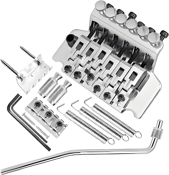 Double Locking Tremolo Bridge System with Arm - Compatible with Floyd Rose & Strat Replacement| Chrome Upgrade Kit for Electric Guitars (Chrome)
